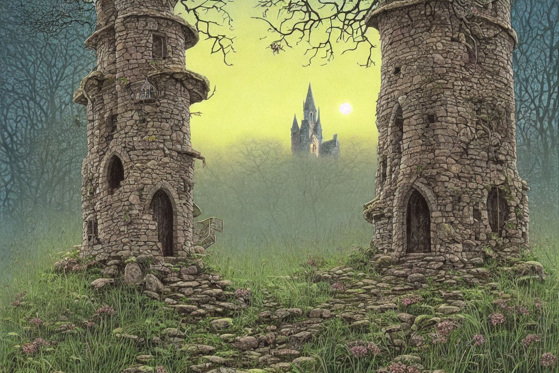 Ancient stone towers with arched doorways in forest clearing, overgrown with vegetation, distant castle