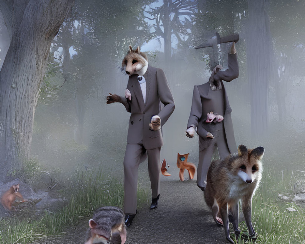 Anthropomorphic raccoons in suits with an axe, realistic raccoons in foggy forest