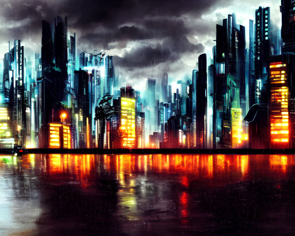 Futuristic night cityscape with neon lights and cloudy sky