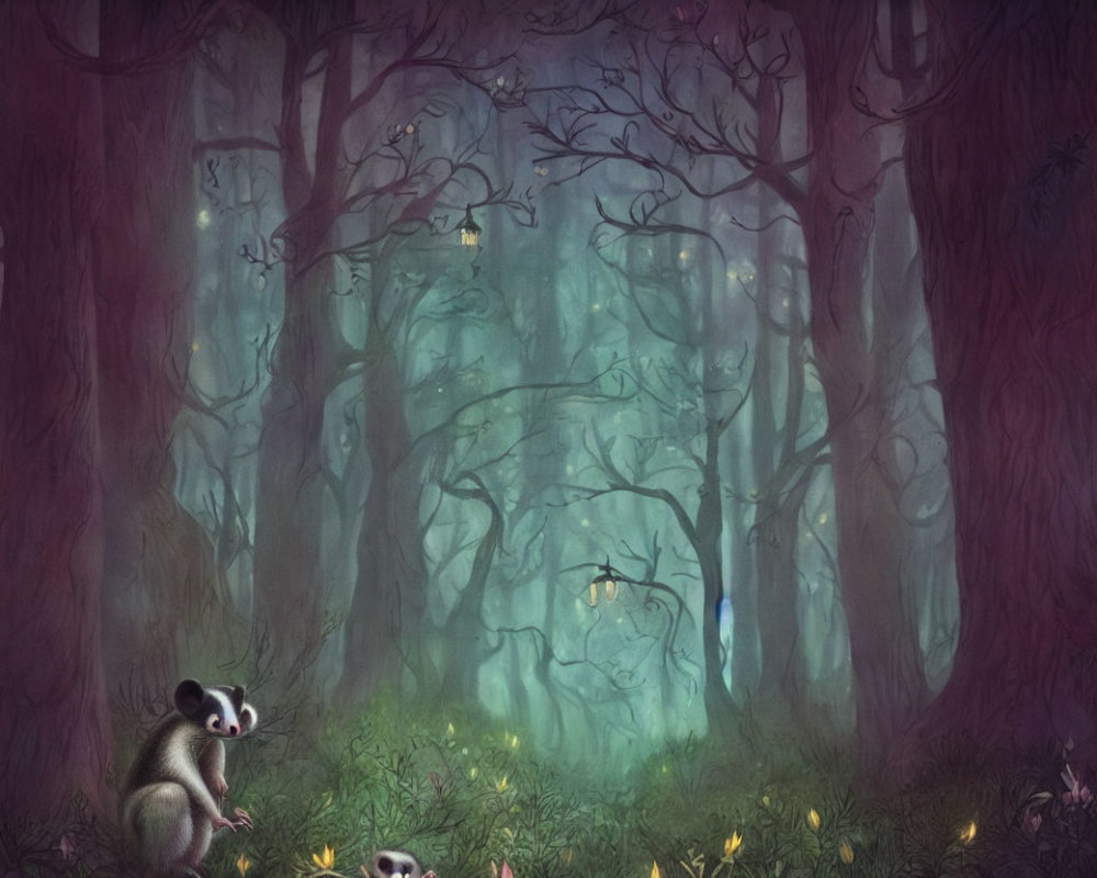 Enchanted forest with twisted trees, mist, glowing flowers, raccoon, fireflies