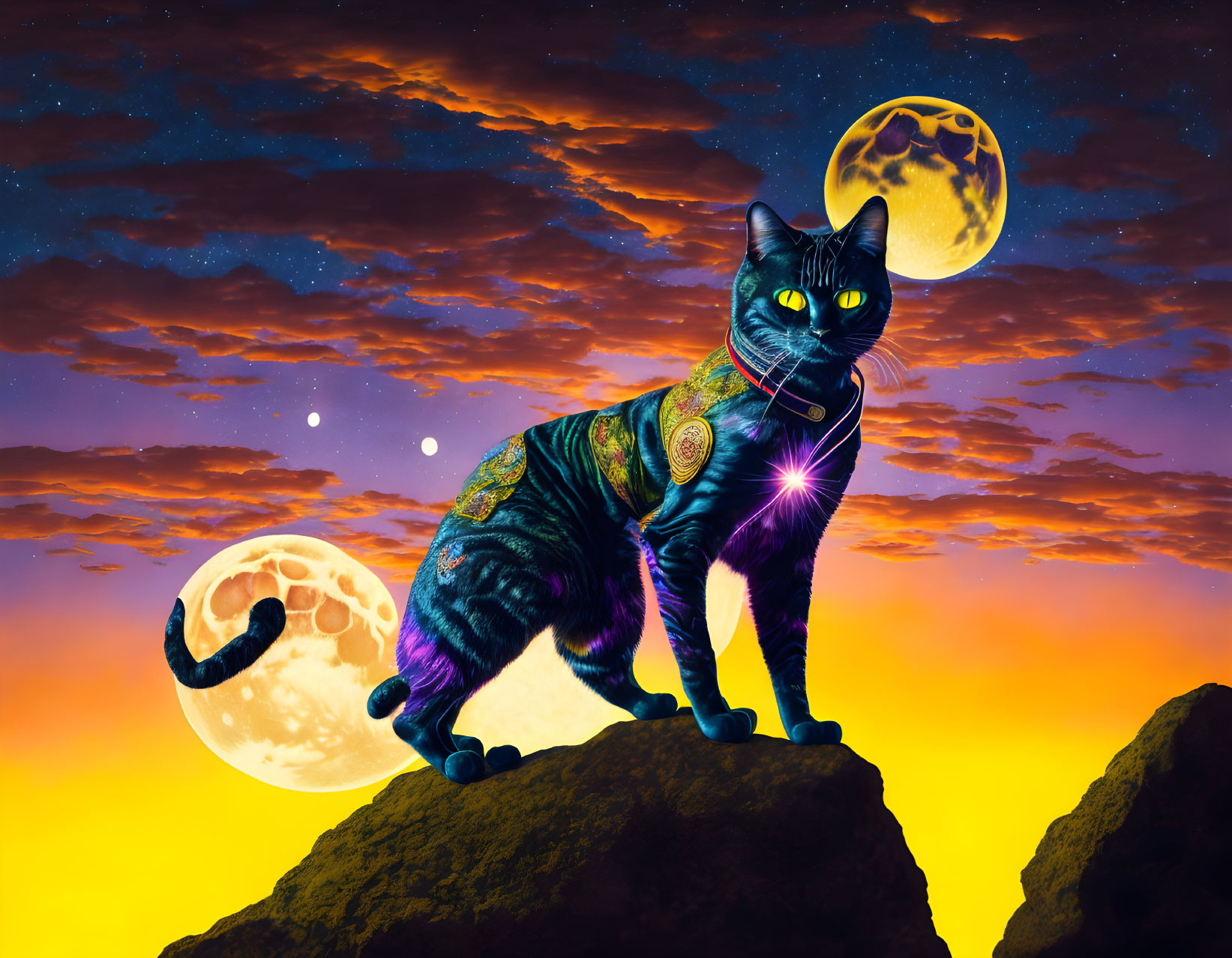 Starry cosmic cat on rock under surreal sky with two moons