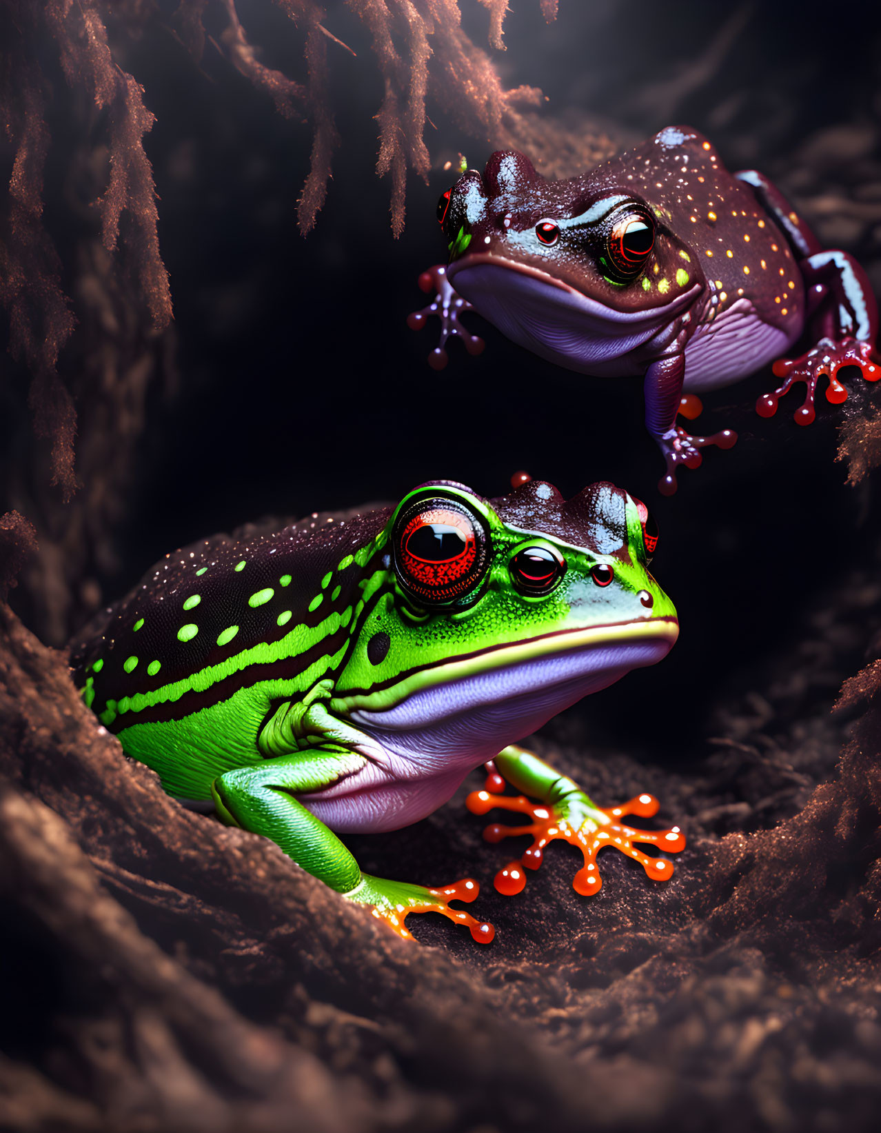 Colorful Frogs on Branches in Earthy Setting