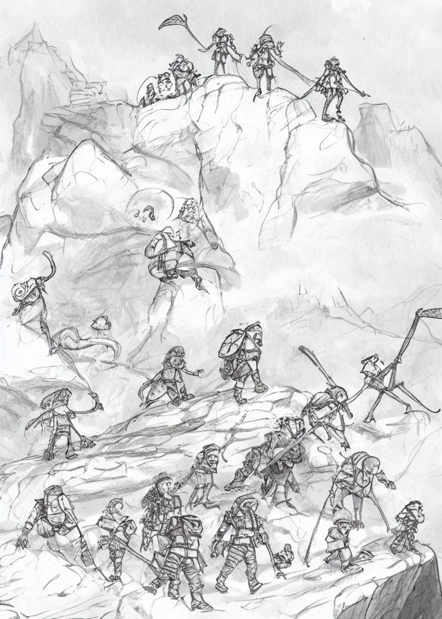 Sketched warriors in armor on epic mountain journey