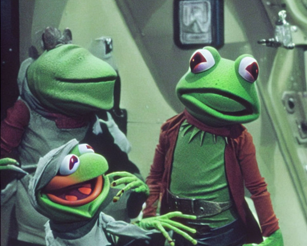 Three Puppet Frogs in Spaceship: Spacesuit, Waistcoat, and Sweater