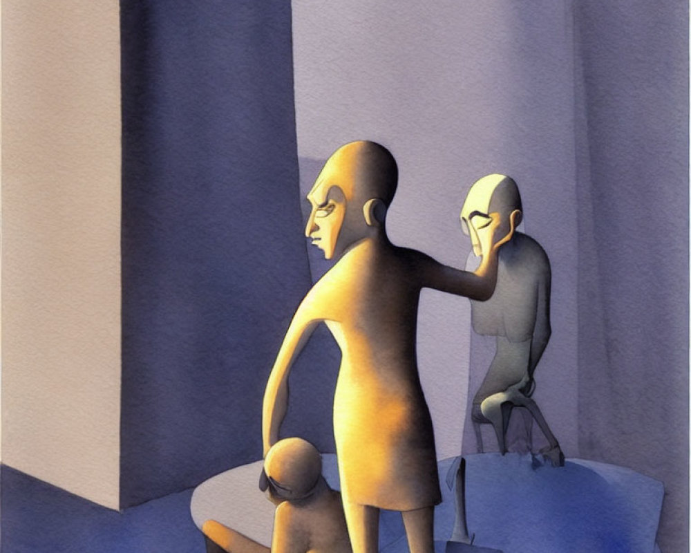 Stylized yellow and blue figures with elongated shadows in geometric scene