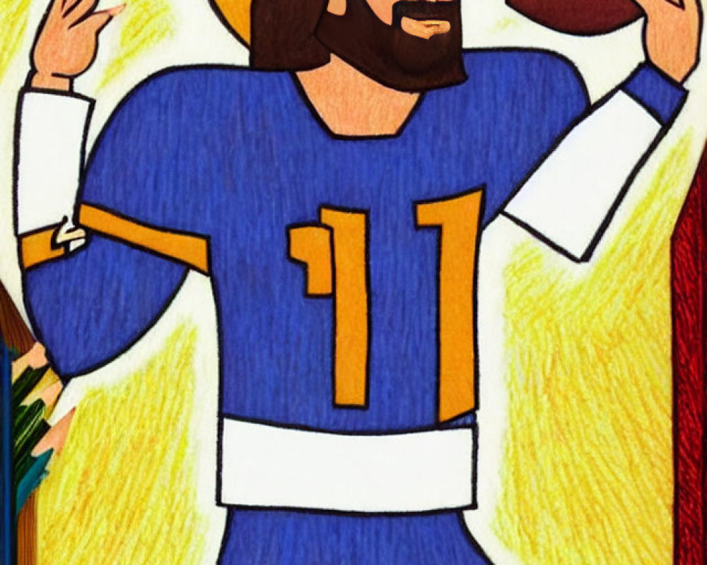 Person with Halo in American Football Jersey Holding Football on Colorful Background