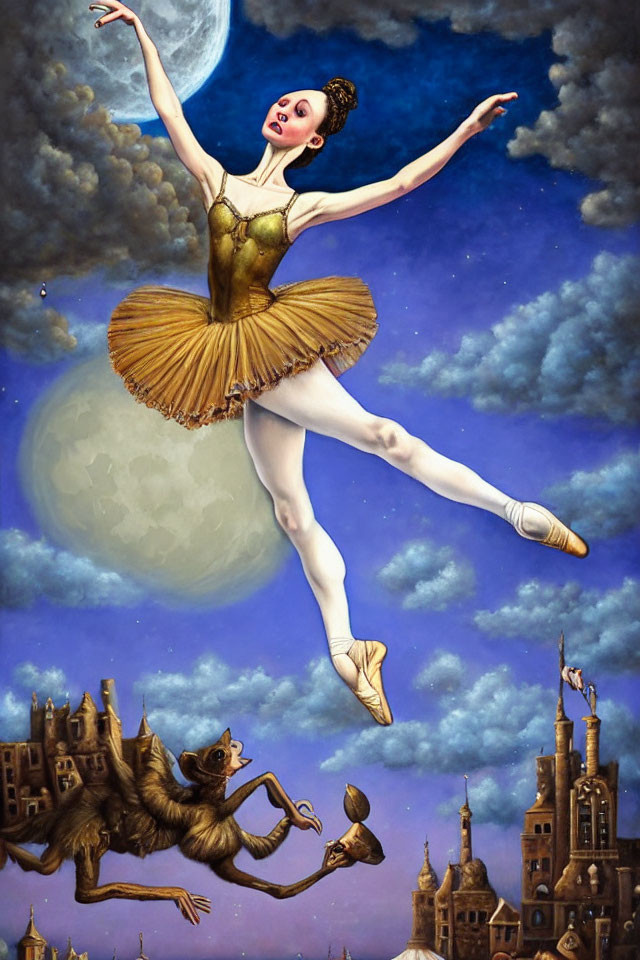 Whimsical painting of ballerina, monkey on bicycle, castles, and moon