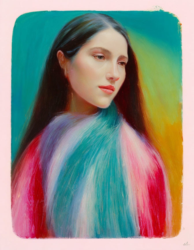 Colorful portrait of woman with long hair in rainbow gradient against pastel background, serene expression.