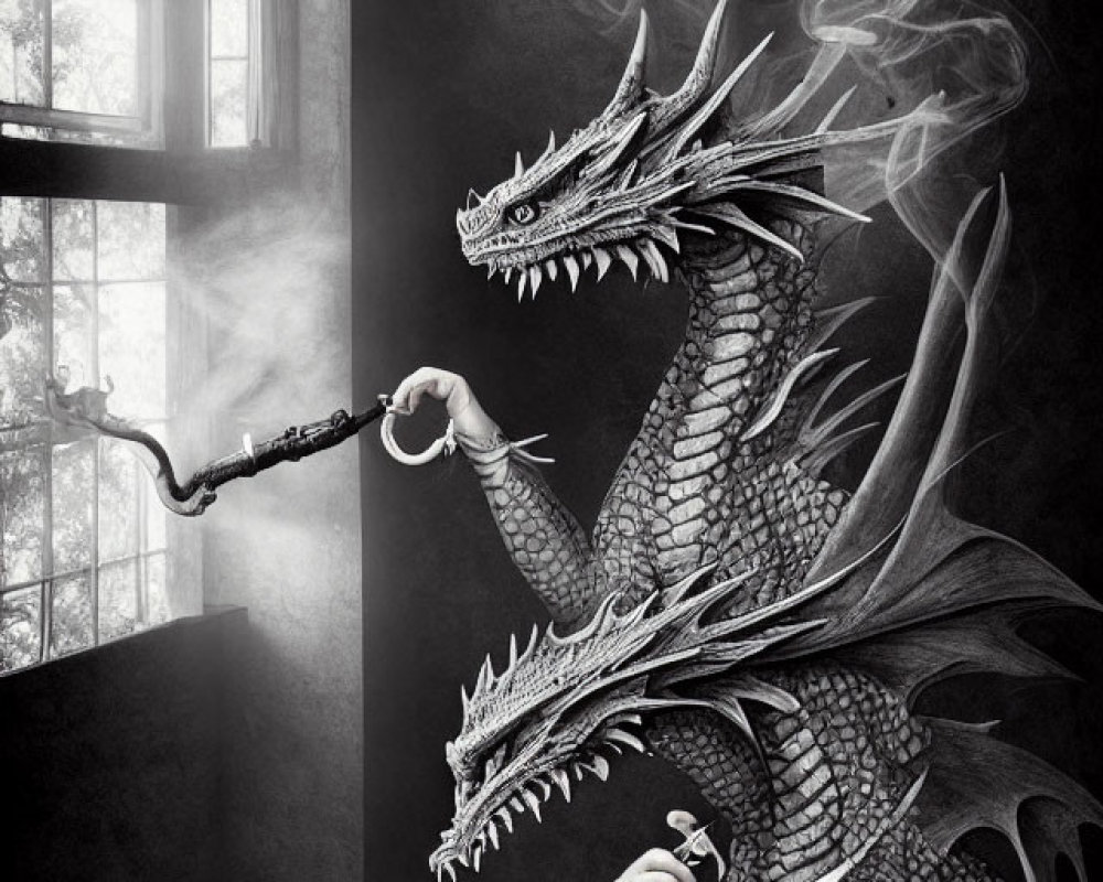 Monochrome illustration of a chained dragon controlled by a person with a book