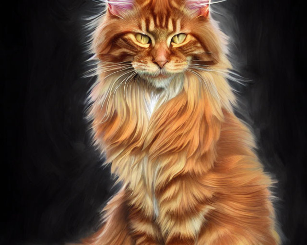 Long-Haired Ginger Cat with Amber Eyes Sitting Up Straight