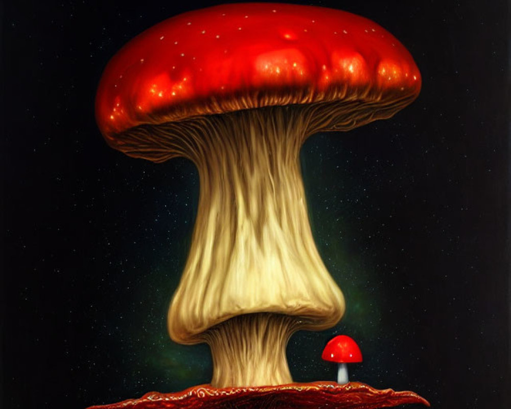 Surreal painting: Massive mushroom under starry sky