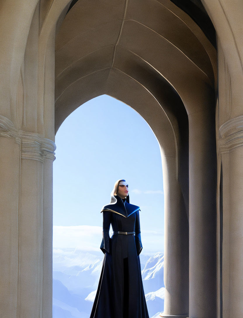 Person in stylish coat overlooking mountain landscape from high structure