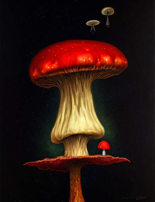 Surreal painting: Massive mushroom under starry sky