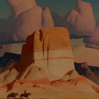 Equestrians riding through desert with mountains under dramatic sky