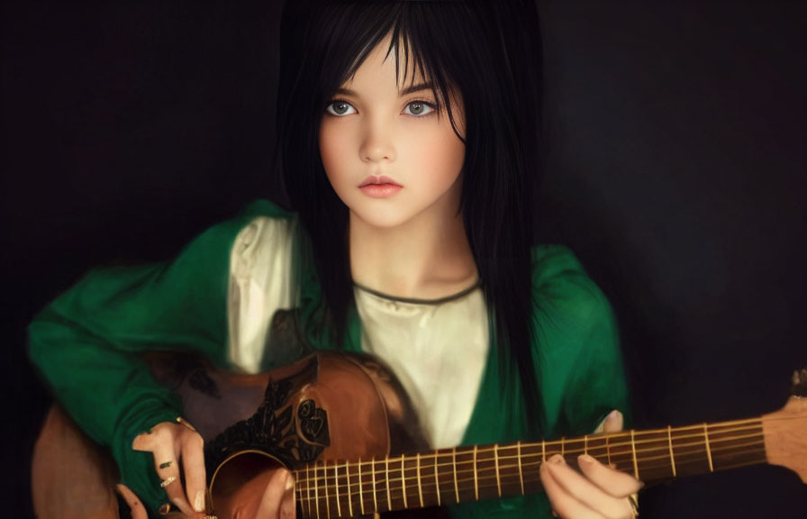 Digital artwork: Young girl with blue eyes & black hair, green blouse, playing lute