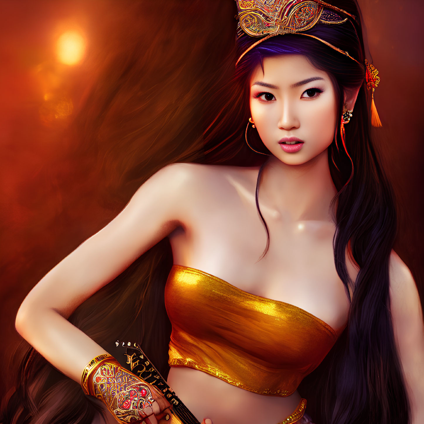Illustration of woman in golden outfit with long black hair on warm background.