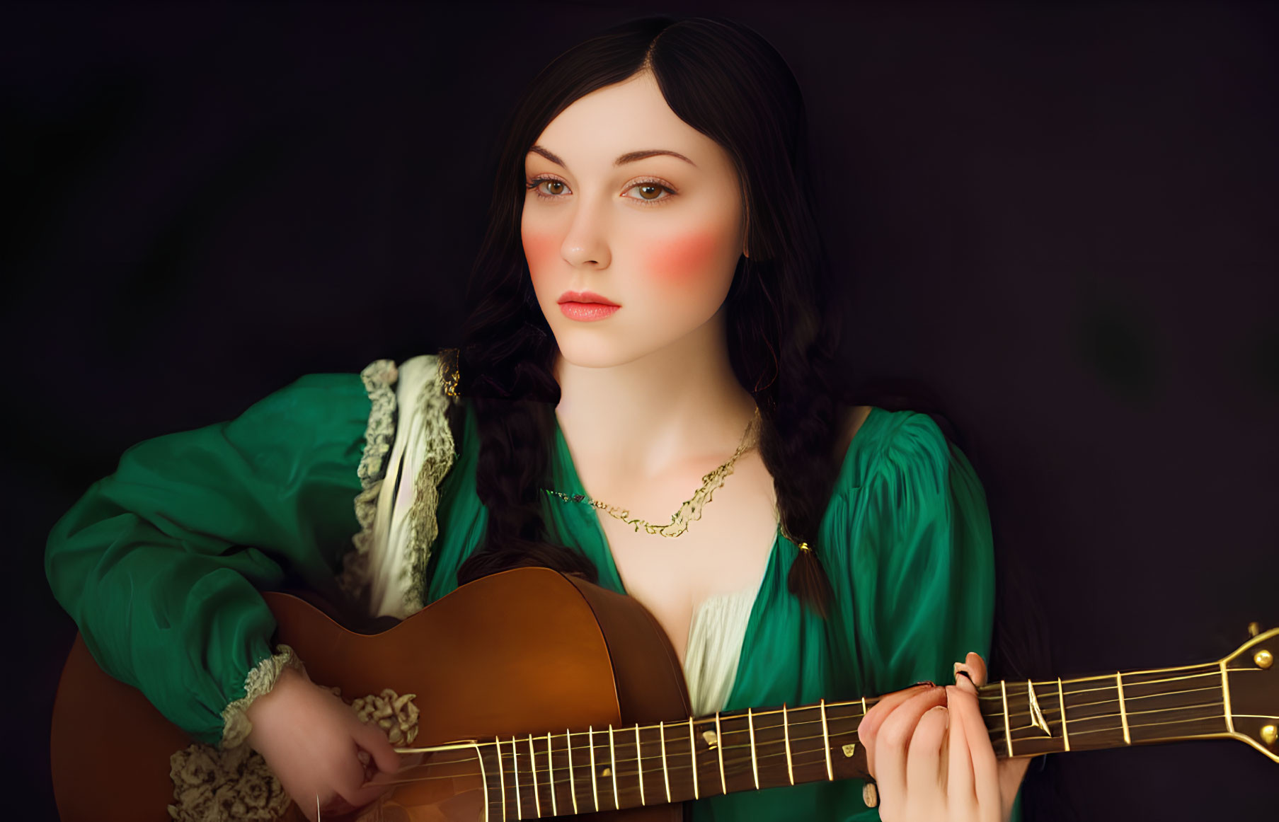Woman with long dark hair playing acoustic guitar in green vintage dress