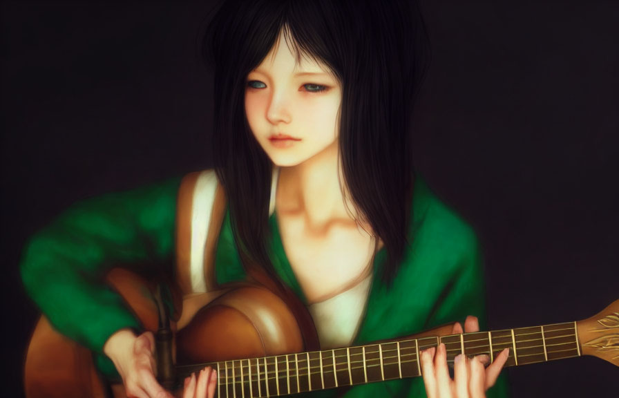 Girl with Black Hair and Blue Eyes Playing Acoustic Guitar in Green Top