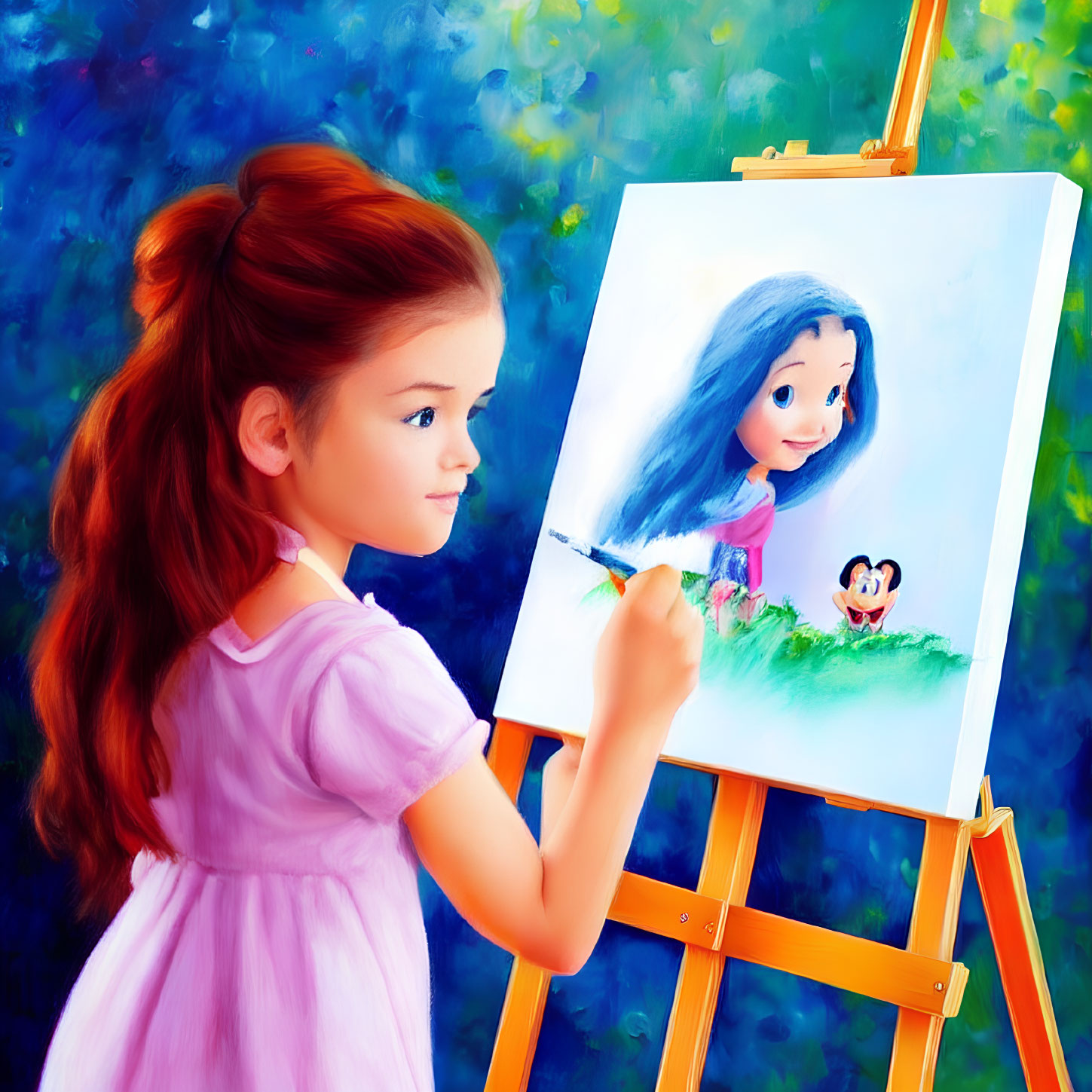 Red-haired girl in pink dress painting portrait of girl and creature on canvas