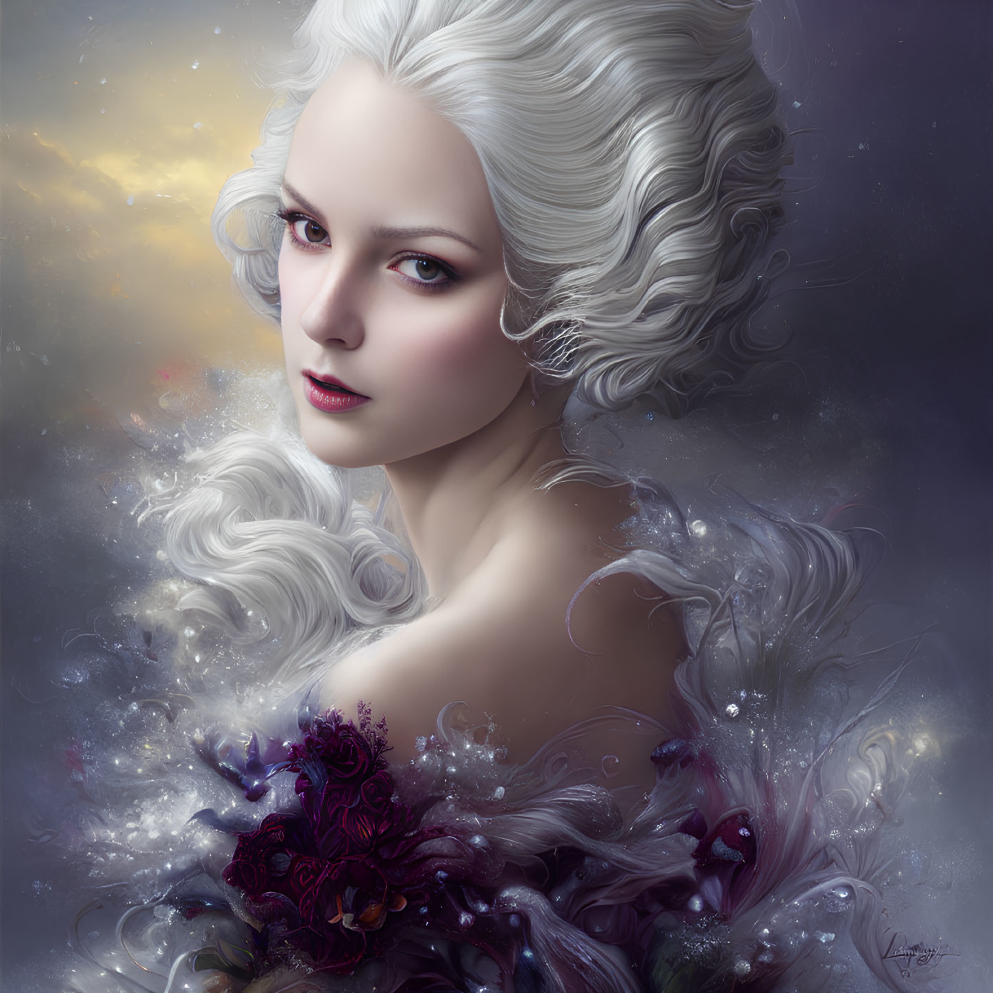 Portrait of woman with pale skin, gray eyes, white hair, ethereal wisps, twilight backdrop