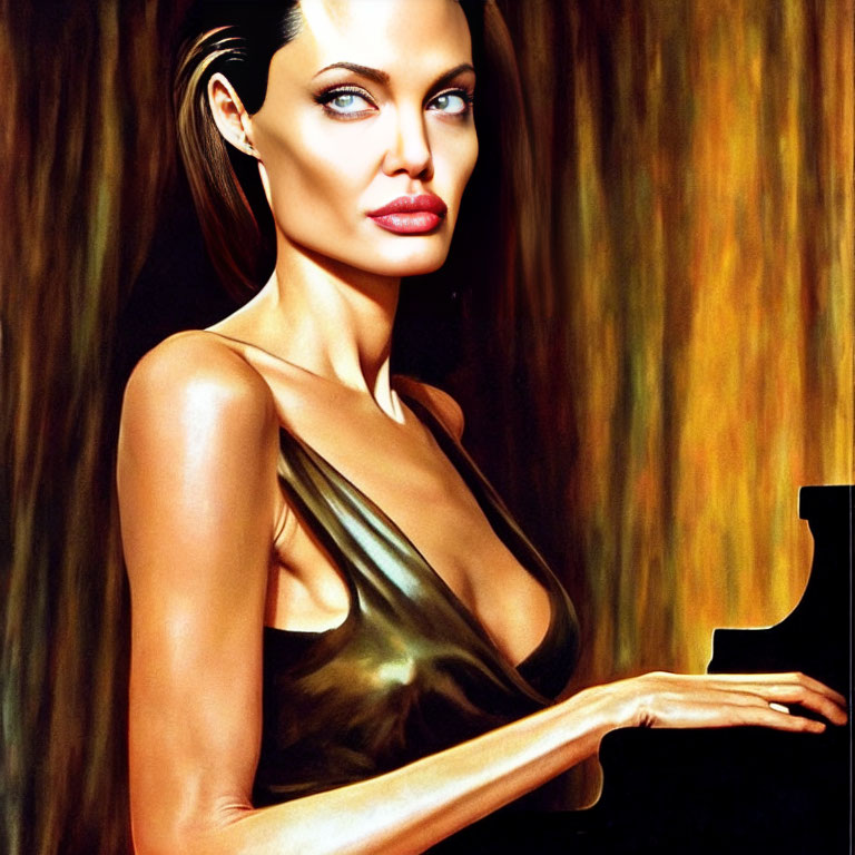 Stylized digital portrait of woman with blue eyes in gold dress
