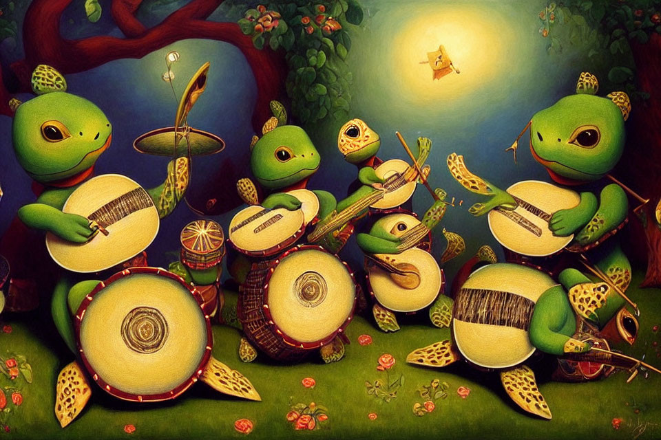 Whimsical animated frogs playing musical instruments in colorful forest setting