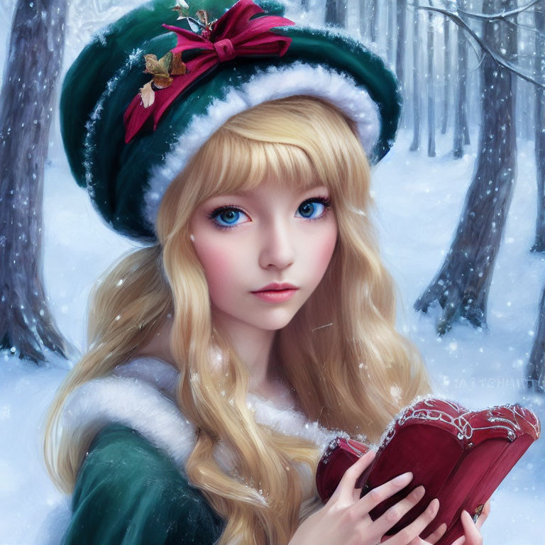 Blonde Girl with Blue Eyes in Green Winter Hat Holding Red Book in Snowy Forest