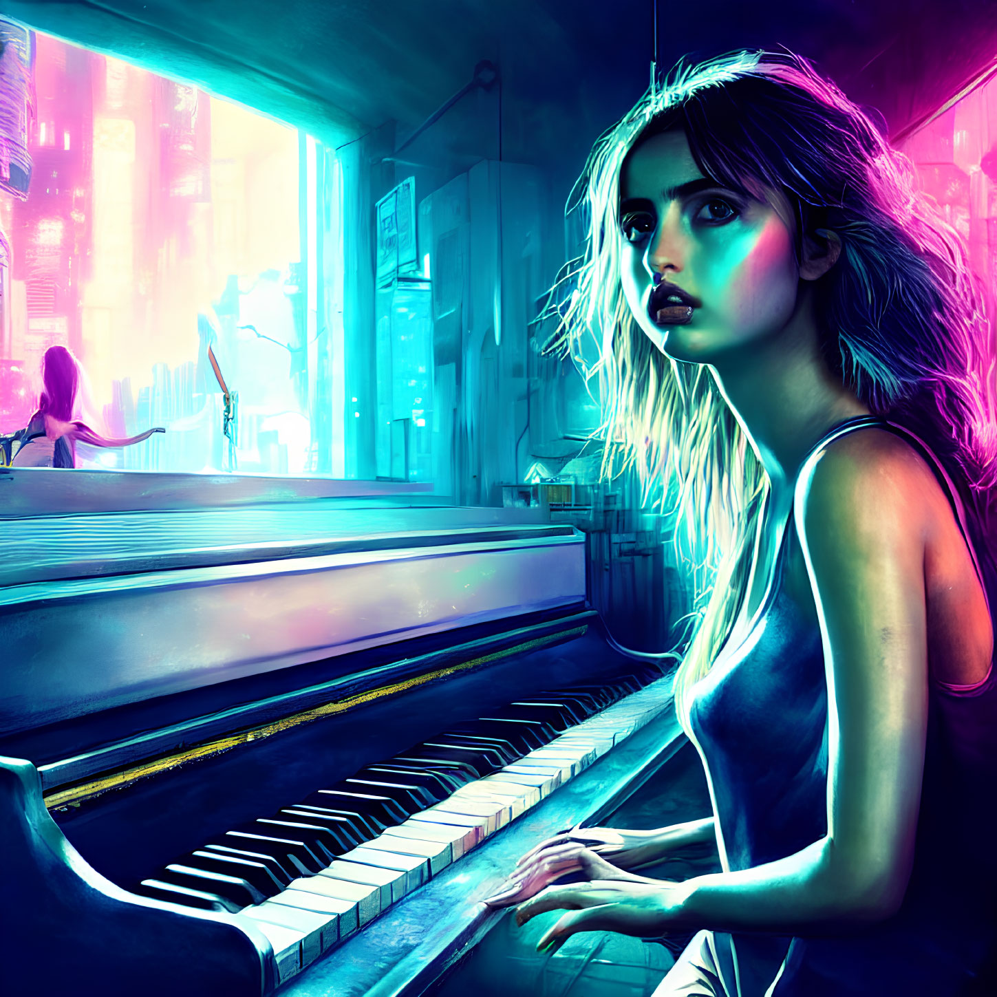 Glowing-haired woman at piano in neon-lit futuristic cityscape