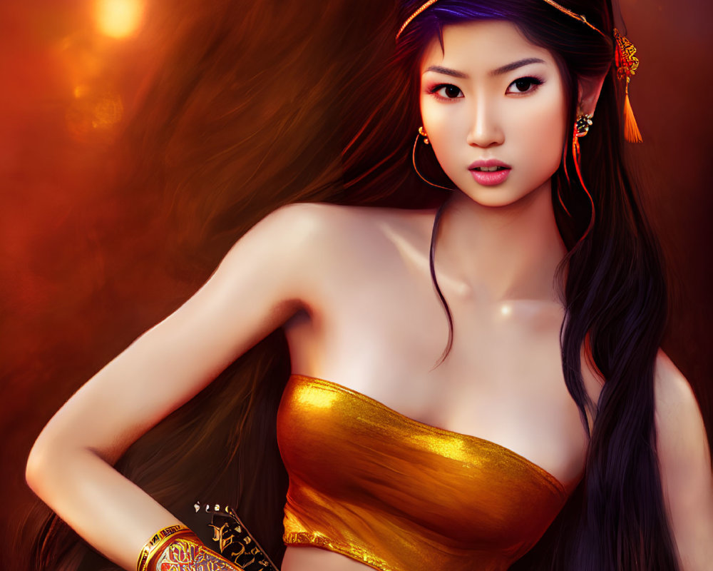 Illustration of woman in golden outfit with long black hair on warm background.