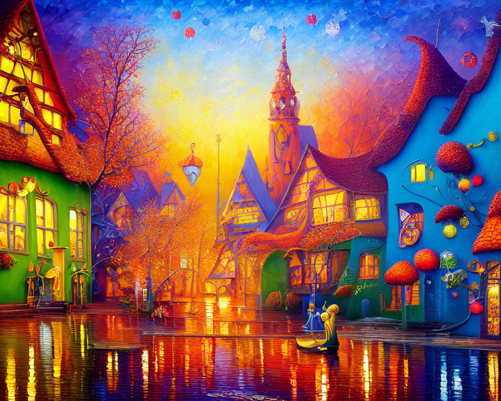 Colorful Curved Buildings in Whimsical Village at Night
