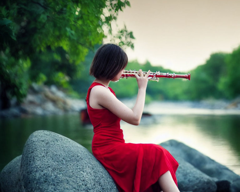 Woman in Red Dress Playing Flute by Serene River