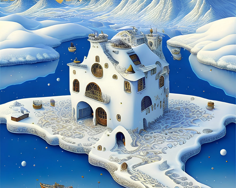 Fantastical winter castle scene with frozen river and celestial sky