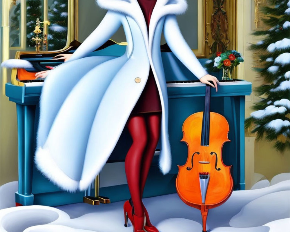 Stylized illustration of elegant woman in white fur coat and red dress holding cello in festive winter