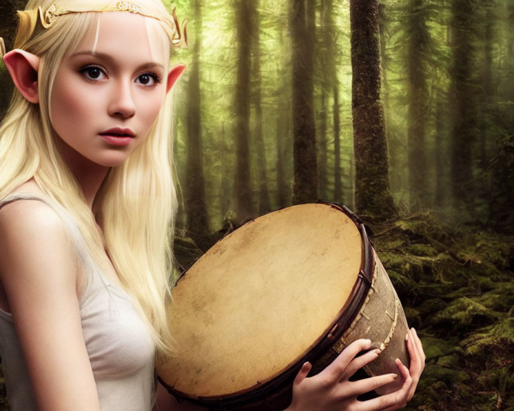 Blonde-haired elf with drum in enchanted forest with misty trees