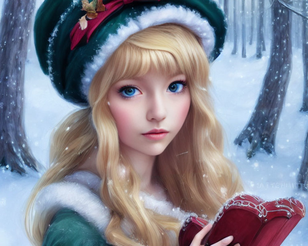 Blonde Girl with Blue Eyes in Green Winter Hat Holding Red Book in Snowy Forest
