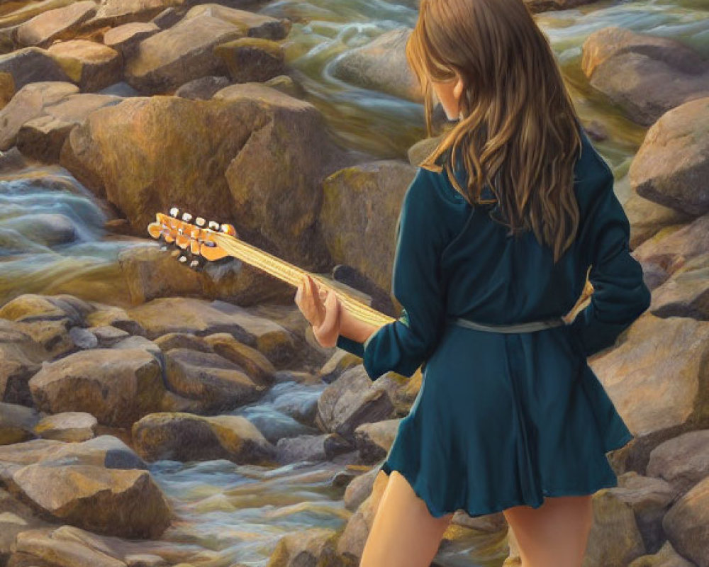 Woman in teal dress playing guitar in forest stream