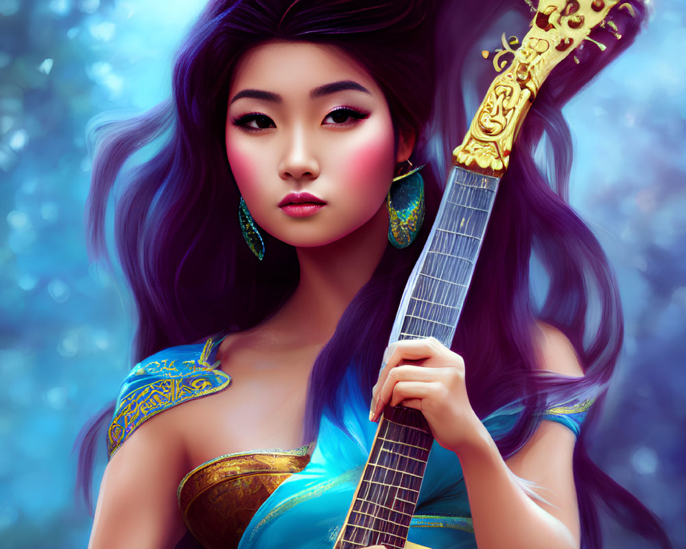 Illustrated woman with long hair holding guitar in magical forest landscape