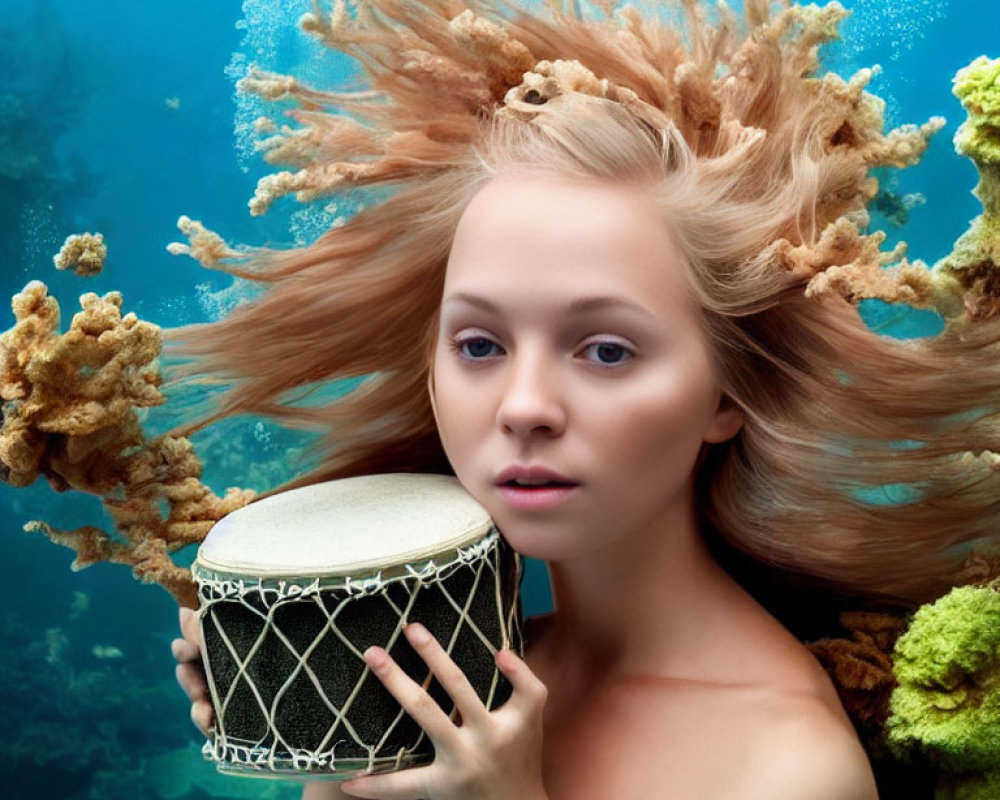 Underwater portrait: person with coral-like hair holding drum