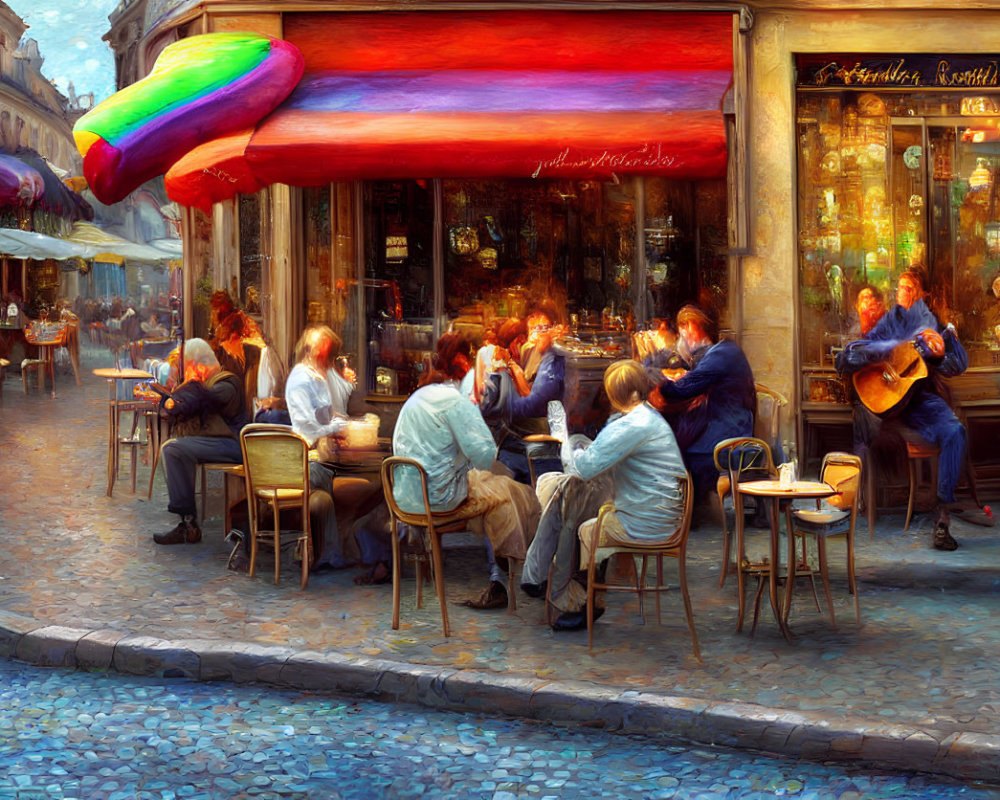 Parisian Café Scene: Dining Patrons, Guitarist, Warm Lighting, Colorful Awning