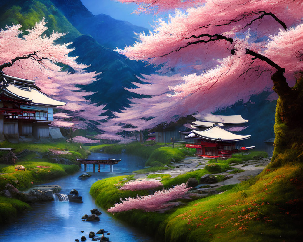 Japanese Landscape with Traditional Buildings, Cherry Blossoms, Stream, and Mountains
