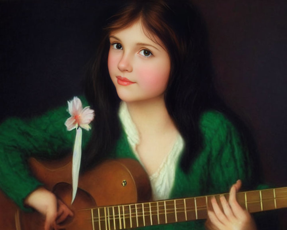 Young girl with long brown hair holding a guitar in green sweater