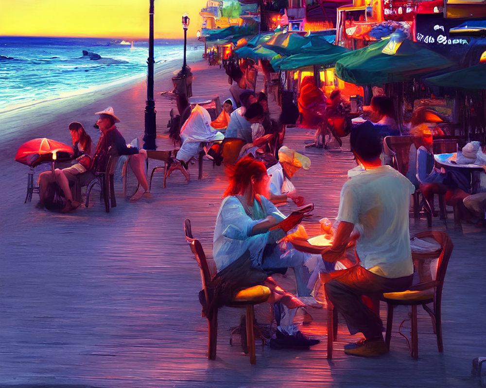 Scenic beachside promenade at sunset with diners and strollers