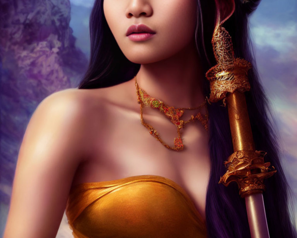 Digital artwork featuring woman with gold jewelry and staff against mountain backdrop