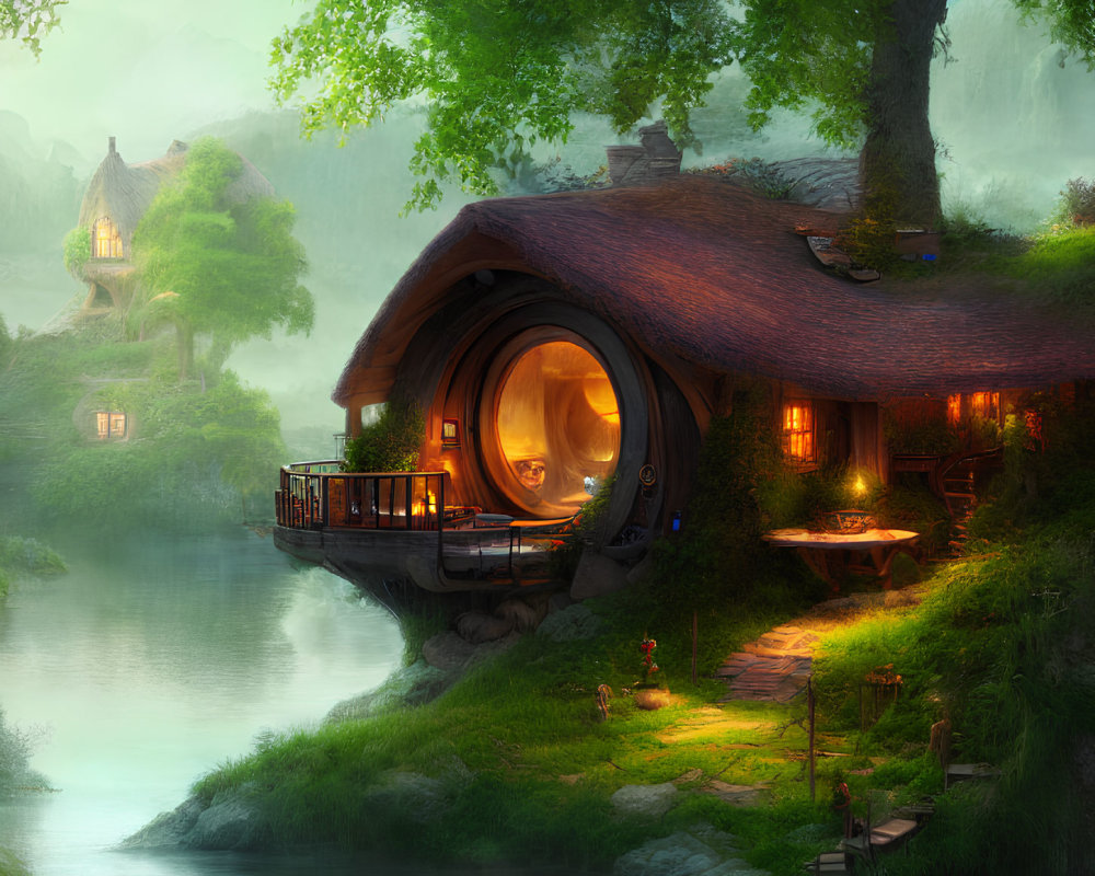 Enchanting riverside cottage with thatched roof and circular door in twilight