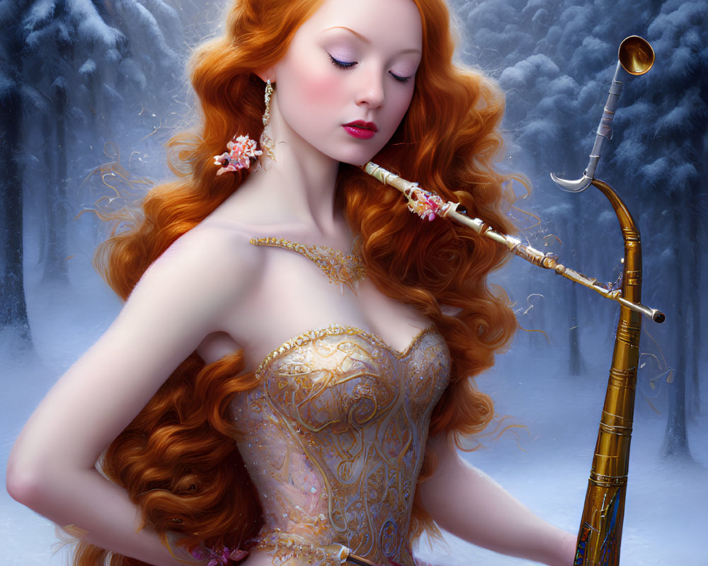Red-haired woman in ornate dress with golden saxophone in snowy enchanted forest
