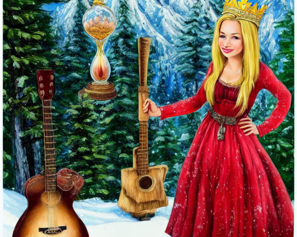 Stylized painting of smiling woman in red dress with crown, guitar, hourglass, and shovel
