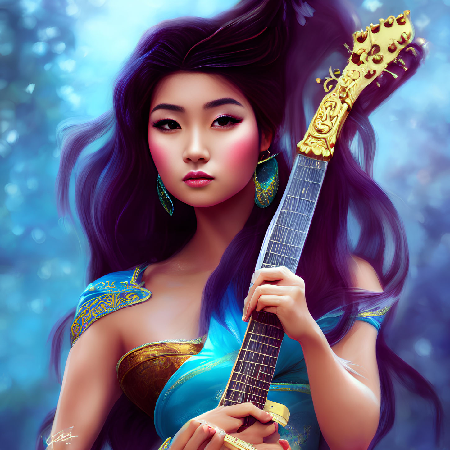 Illustrated woman with long hair holding guitar in magical forest landscape