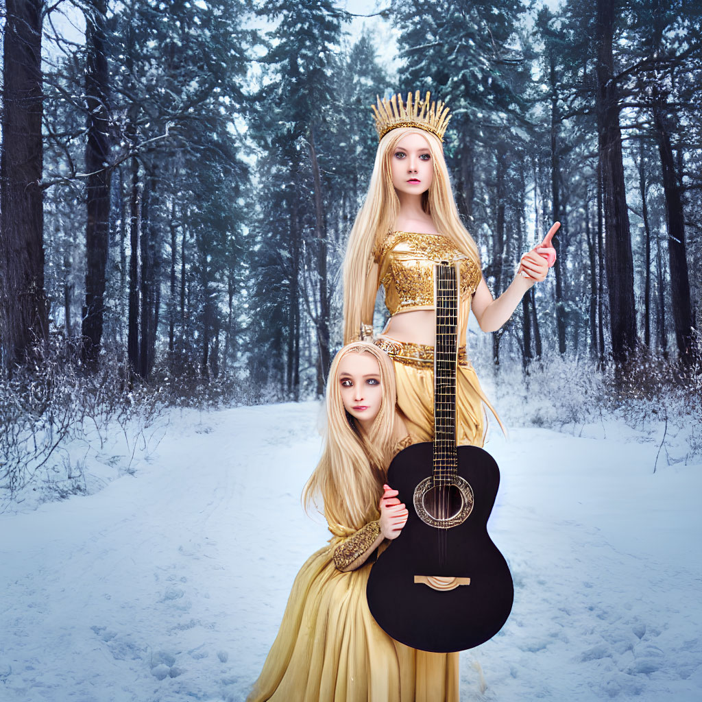 Two women in golden crowns and dresses in snowy forest with guitar.