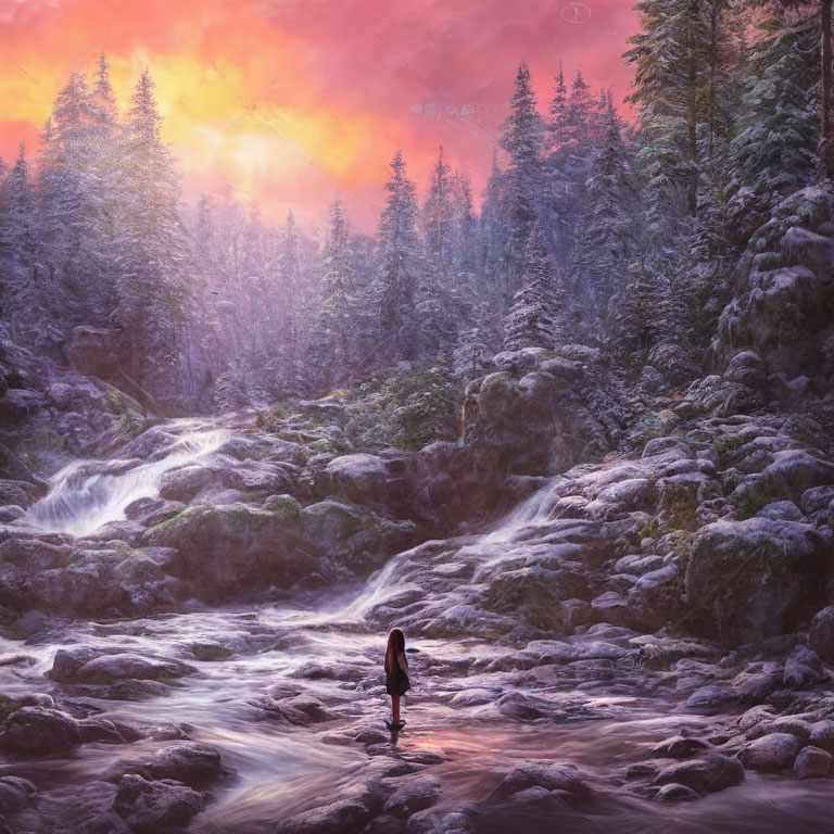 Person in snowy forest at sunrise or sunset
