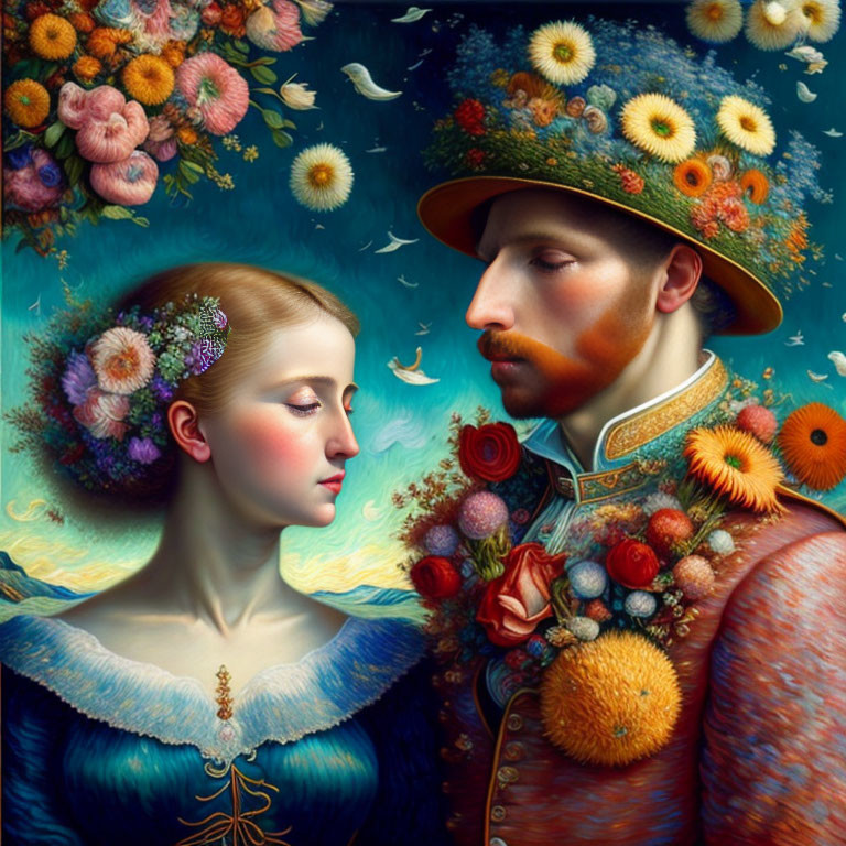 Surreal artistic portrait of man and woman with floral elements and birds on blue sky background